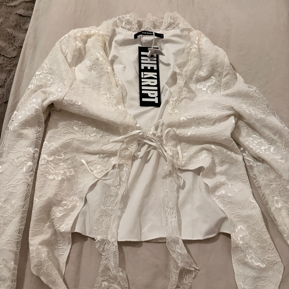 The Kript White Lace Tie-Front Top